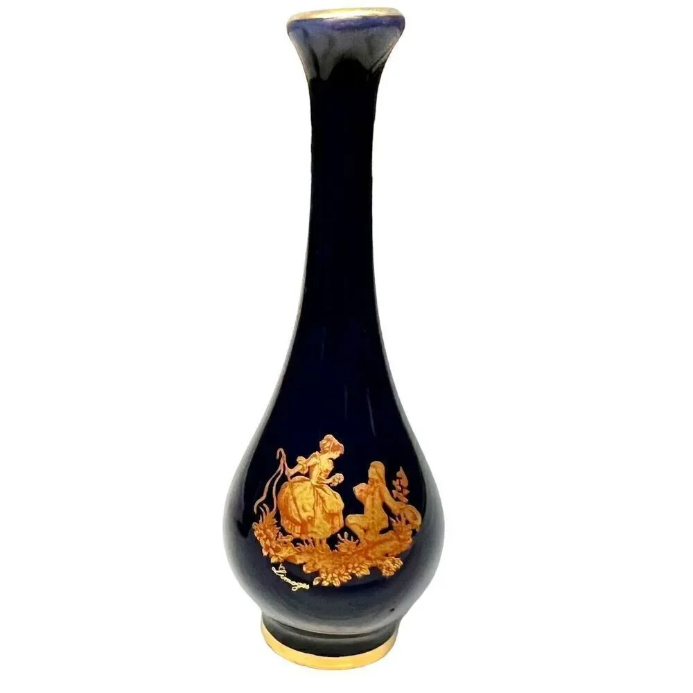 Vintage Limoges Castel France Porcelain Miniature Cobalt Blue & Gold Vases